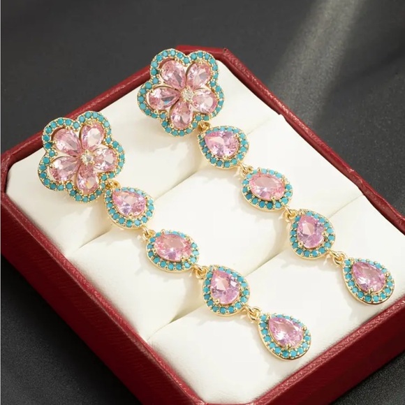 Blue & Pink Zircon Floral Water Drop Earrings - Picture 2 of 3